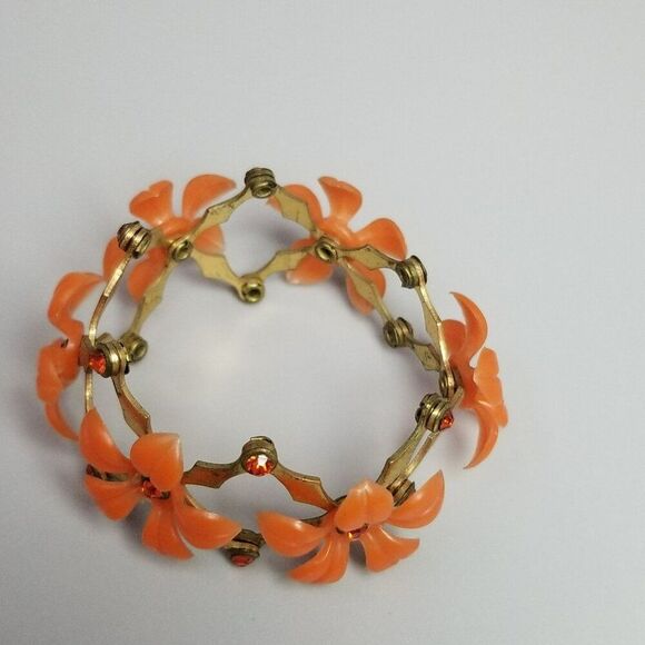 Vintage Orange Plastic Flower Rhinestone Expansion Stretch Bangle Bracelet Retro - Picture 3 of 9